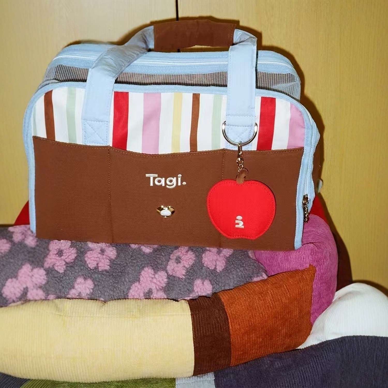 Tagi.彩条便携透气宠物多功能车载外出野餐包手提斜挎包