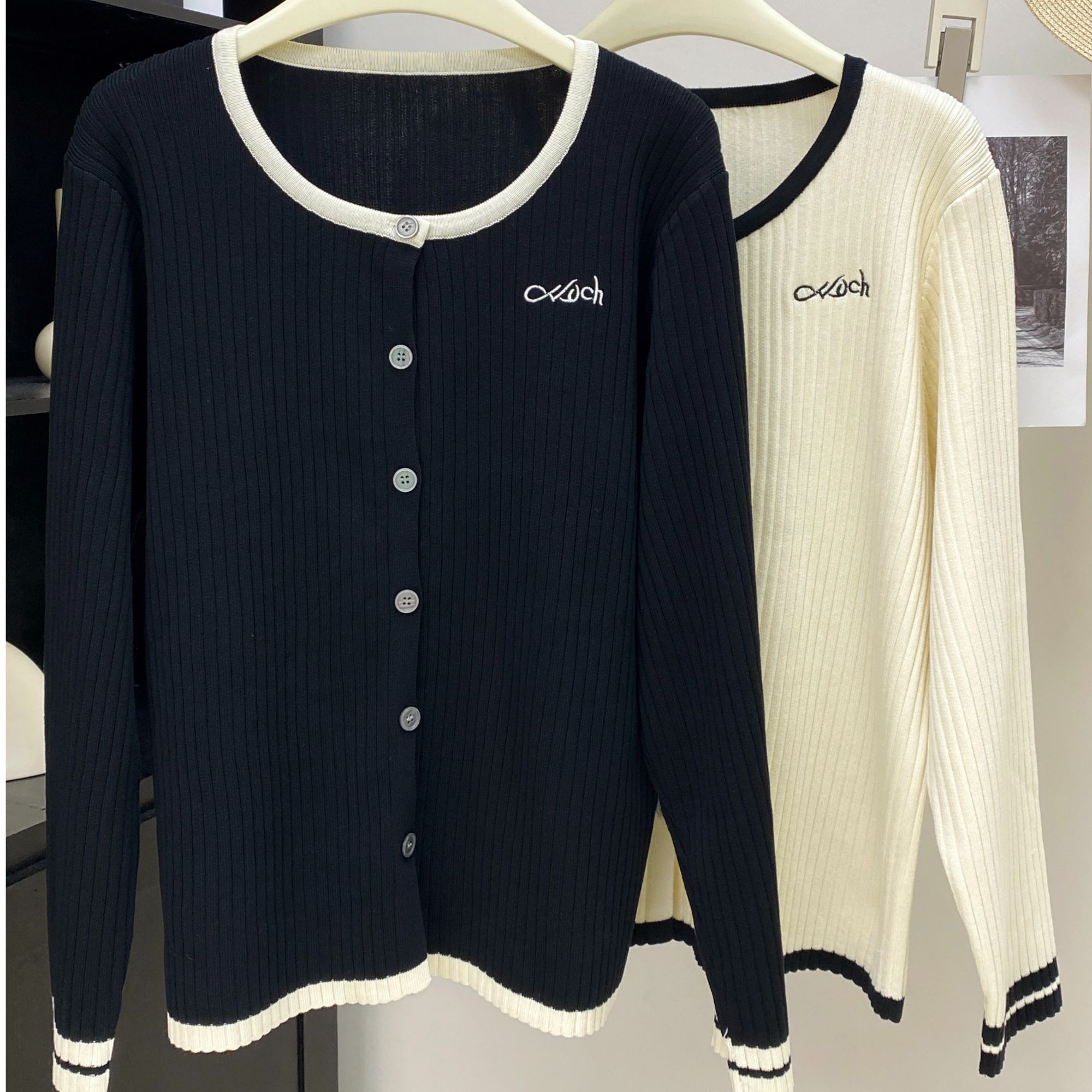 拼色刺绣针织开衫女2024秋季韩版百搭坑条长袖显瘦上衣#9006