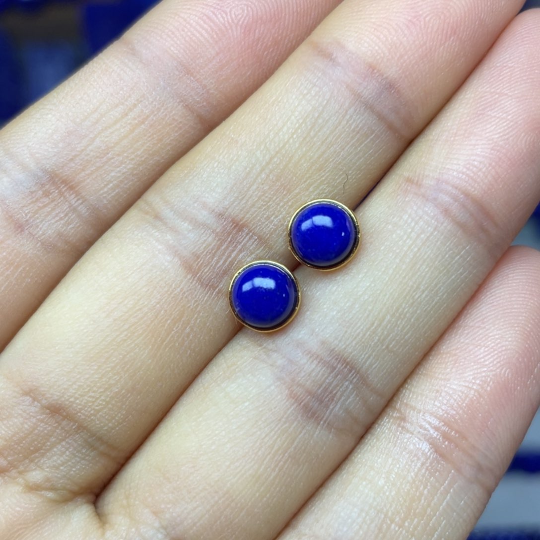 青金石银S925镀金镶嵌7mm耳饰
