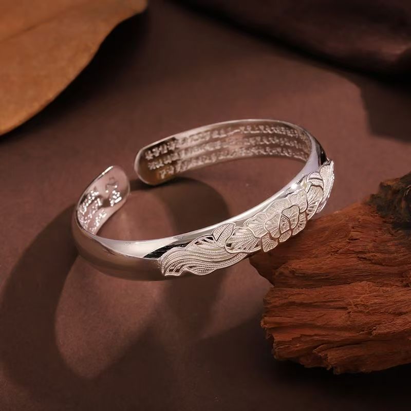 足银9999轻奢大气 牡丹花丝心经开口手镯 货号020