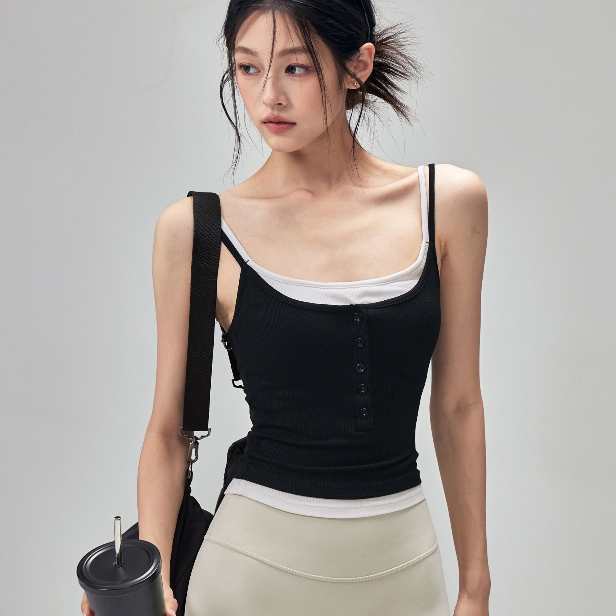 撞色假两件运动吊带罗纹带胸垫莱赛尔背心可外穿美背瑜伽服上衣