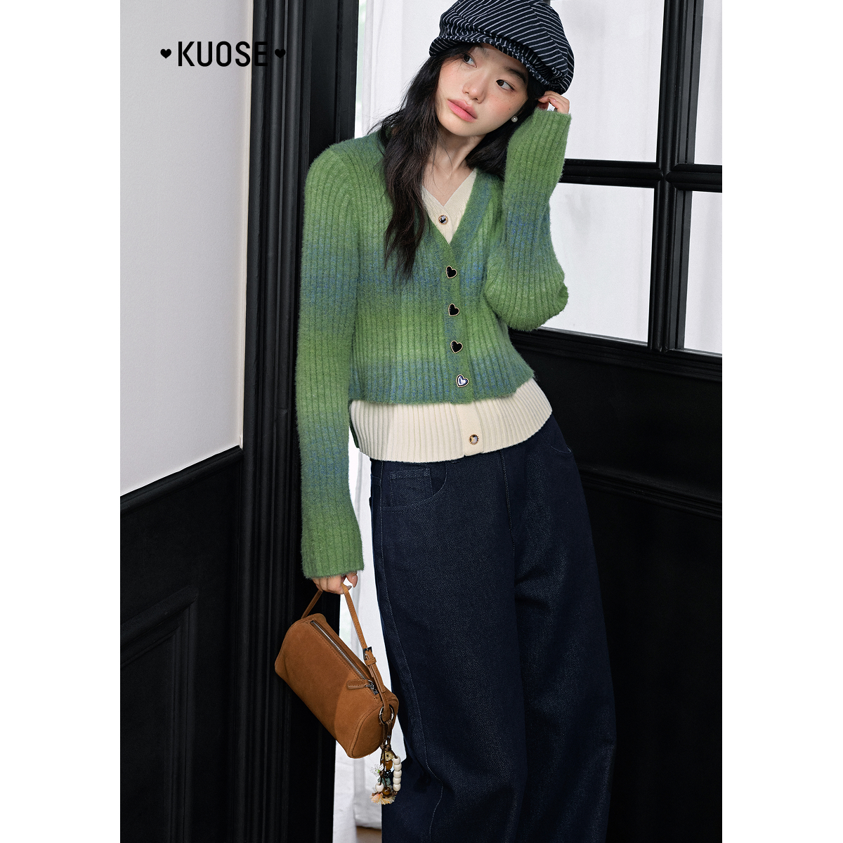 阔色绿色假两件开衫v领毛衣25秋冬季新款女针织衫KSH2409017