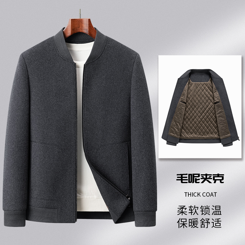 2025秋冬新款男士夹克休闲立领羊毛呢子加棉爸爸外套男上衣秋佰姿