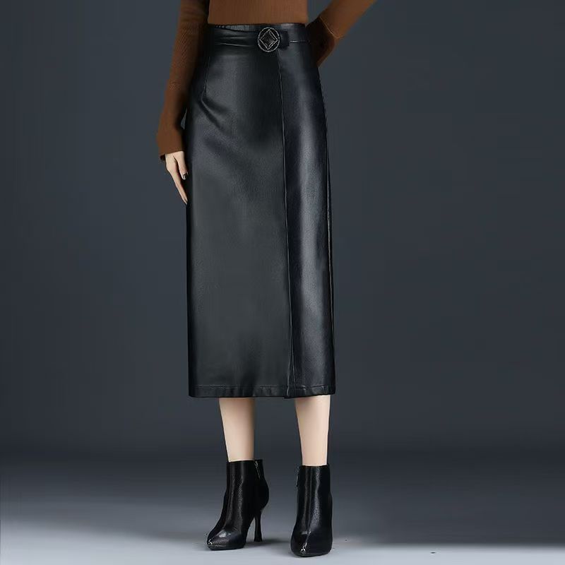 #2010【裙长76】高腰皮裙半身裙女秋冬包臀裙中长款黑色大码长裙