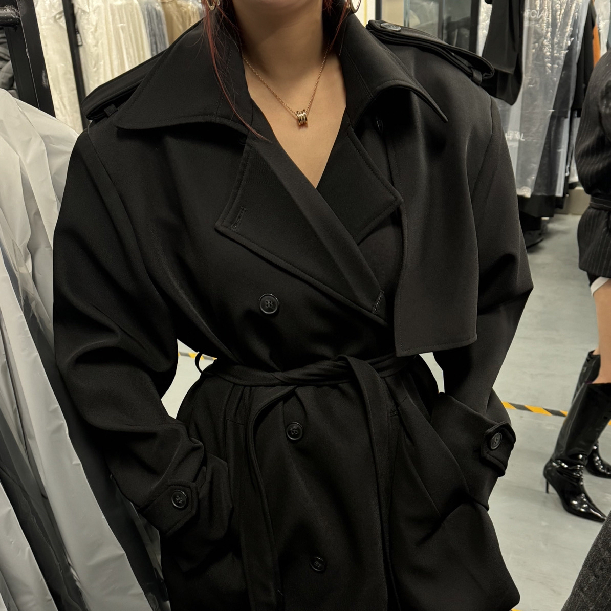 cocowang-风衣女款宽松系带收腰#7011  黑色