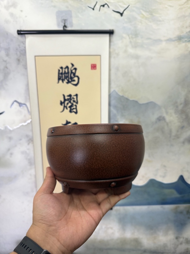 宜兴紫砂花盆内经15.5x9.5cm圆形手拍古钉款式花盆盆景花盆光器