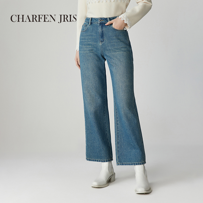 【达人专属】朝峰春季新款高腰烫钻满天星牛仔裤FJF1A660-6108P