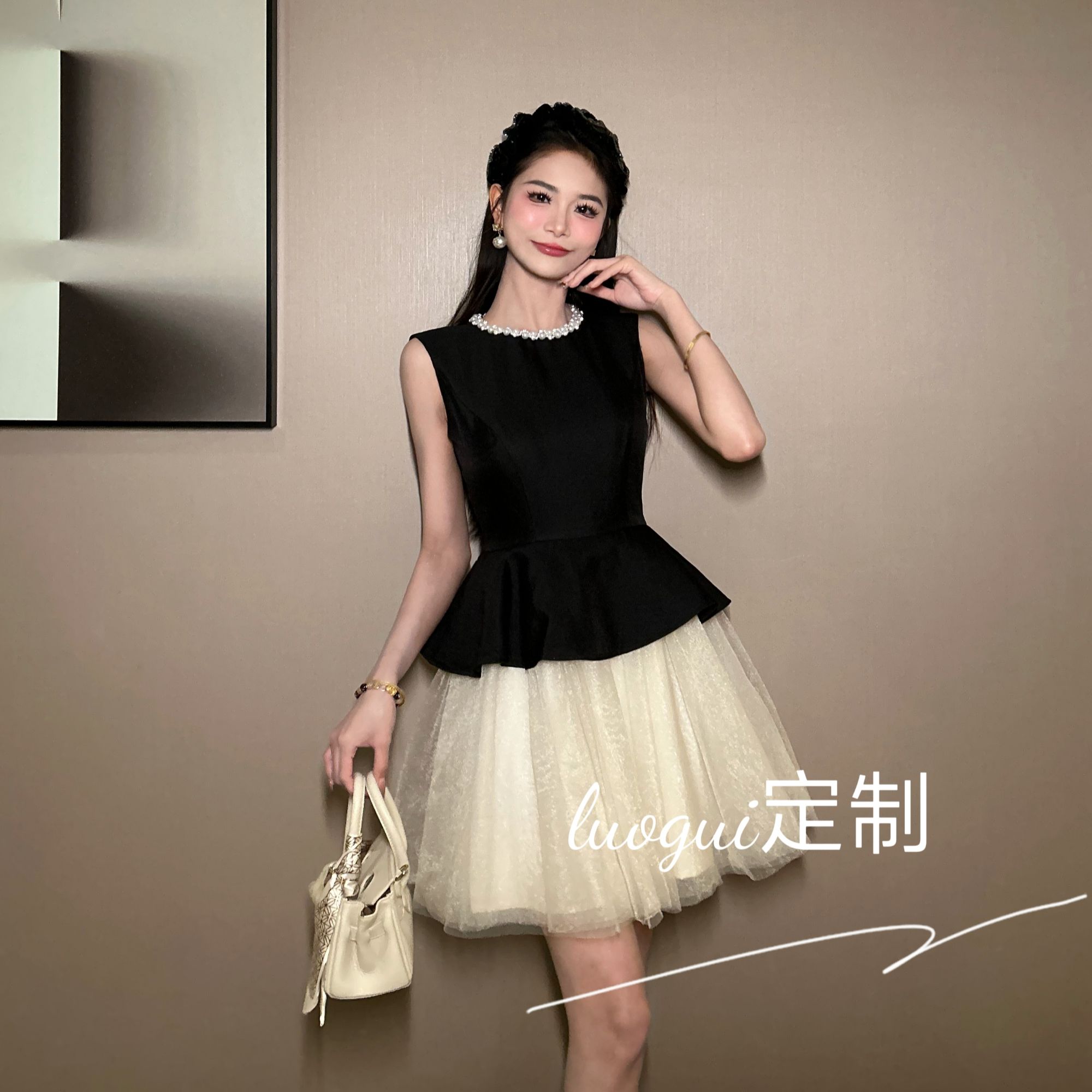 【花花原创】设计感简约拼接连衣裙显瘦气质小黑裙夏季收腰名媛9004