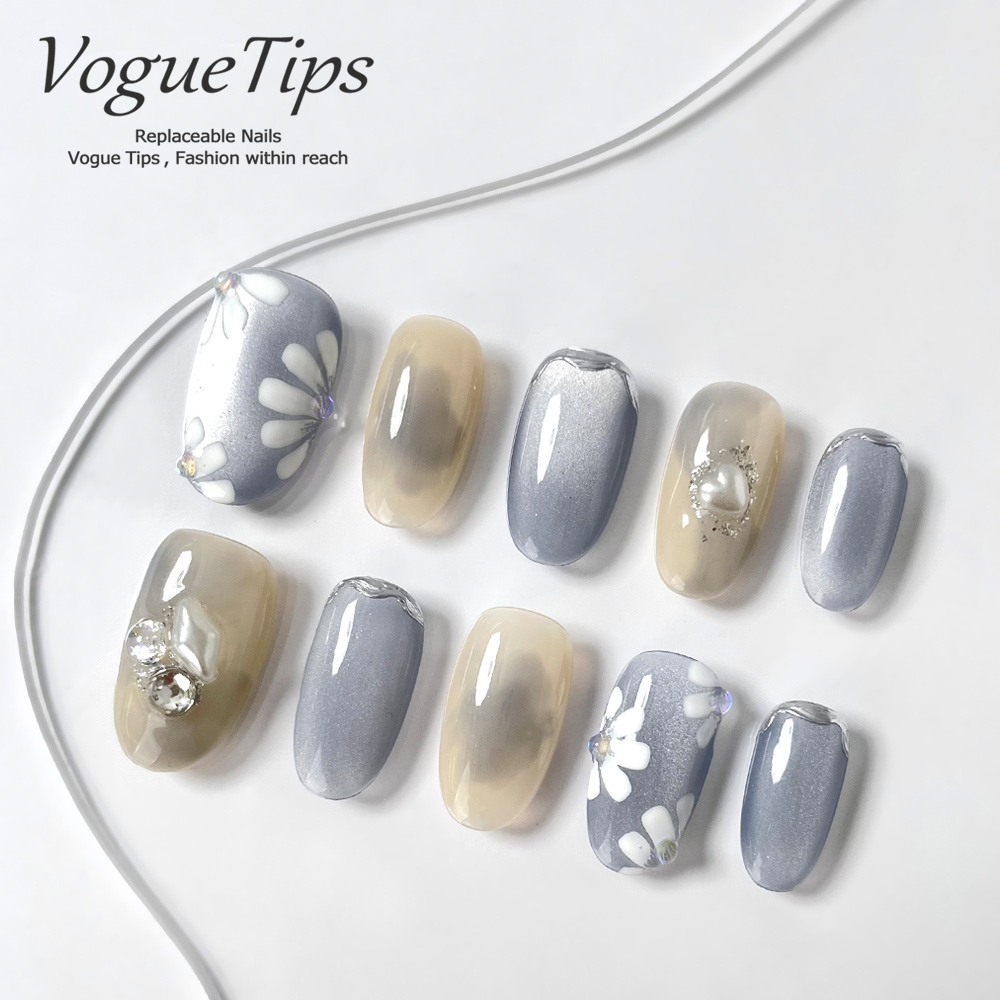 VogueTips 蓝花贝语手工短款穿戴甲简约ins风假指甲片短椭圆ZB614
