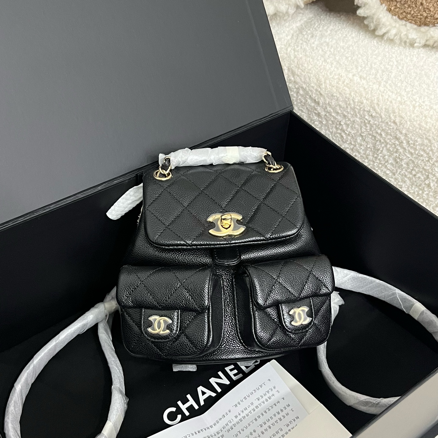 未使用 Chanel/香奈儿 /duma小号/双肩包/黑金荔枝纹牛皮/24年