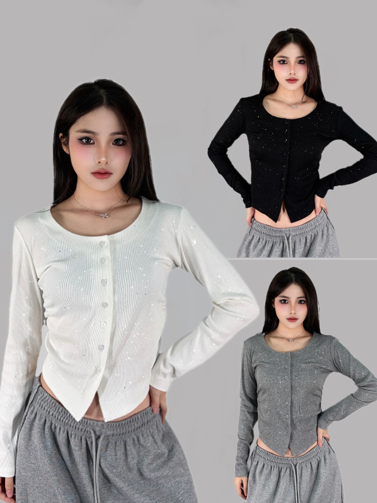 ROKBBK-K布韩街舞潮牌细闪修身长袖T恤女爵士舞