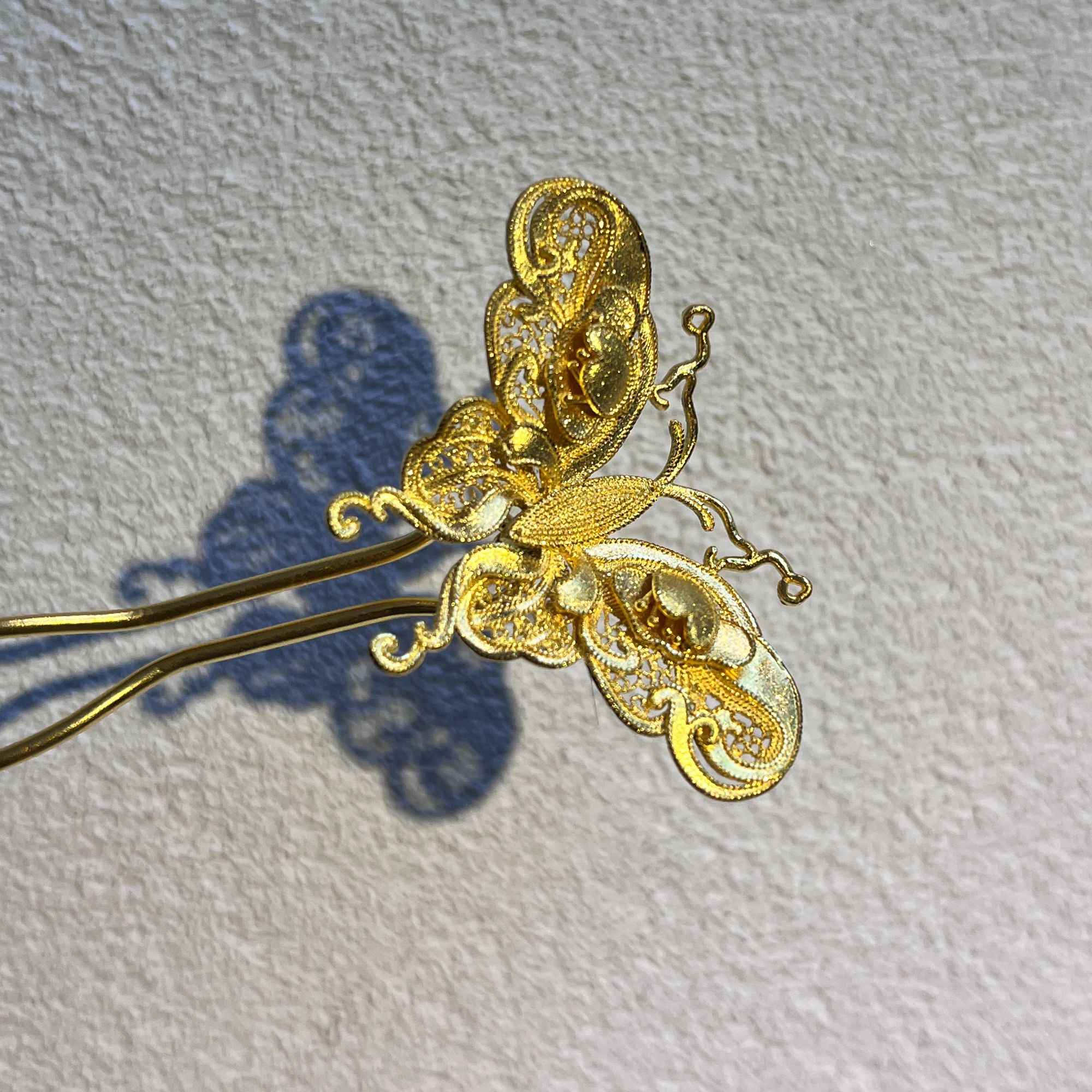 鳳喆錾刻镂空花丝工艺设计师款蝴蝶国风日常婚嫁五金边钗足金