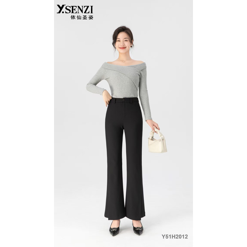 依仙圣姿Y51H2012女裤2025春季新款高腰弹力时尚开叉微喇鱼尾裤