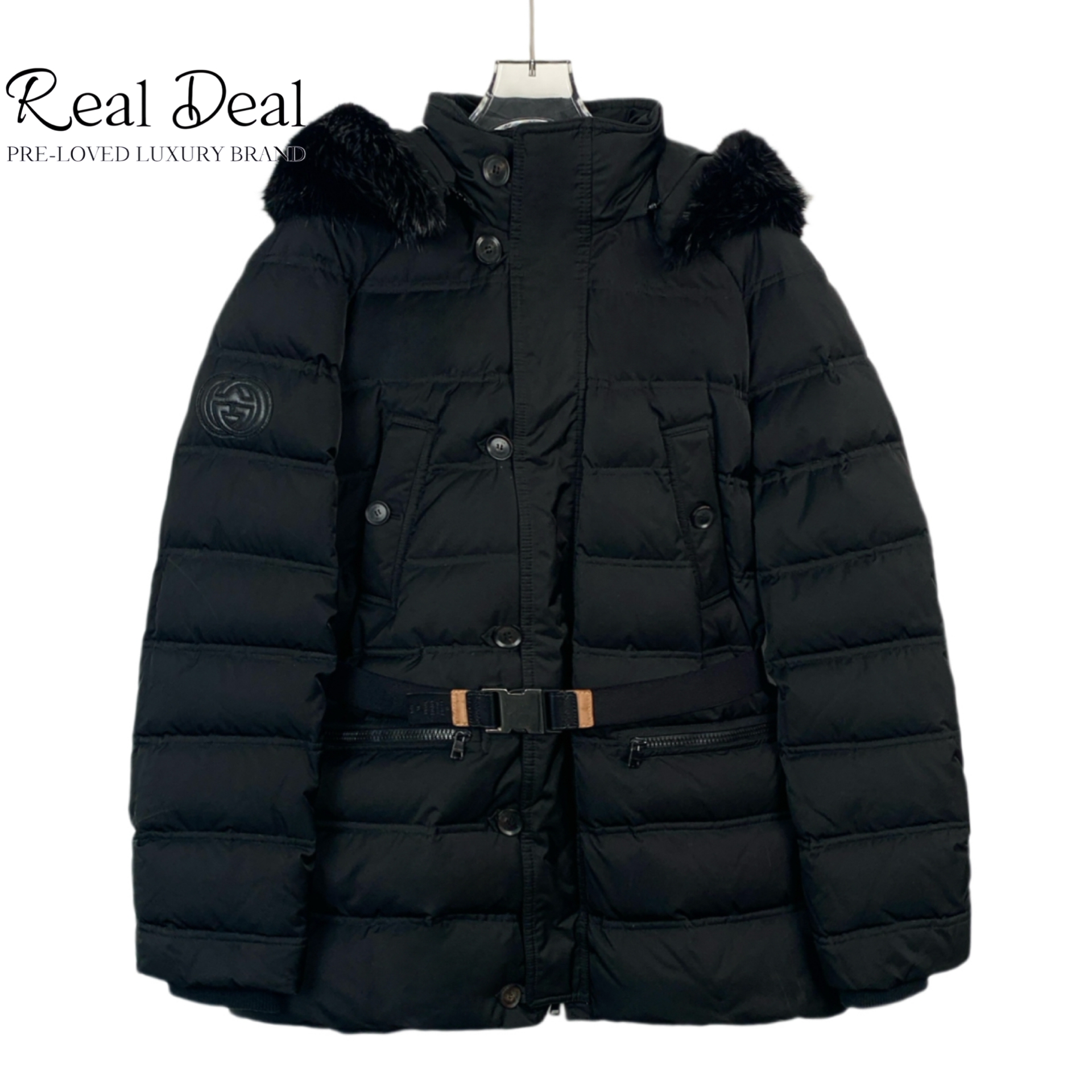 99新 GUCCI/古驰  H12934 徽标刺绣连帽毛领腰带款羽绒服  L码