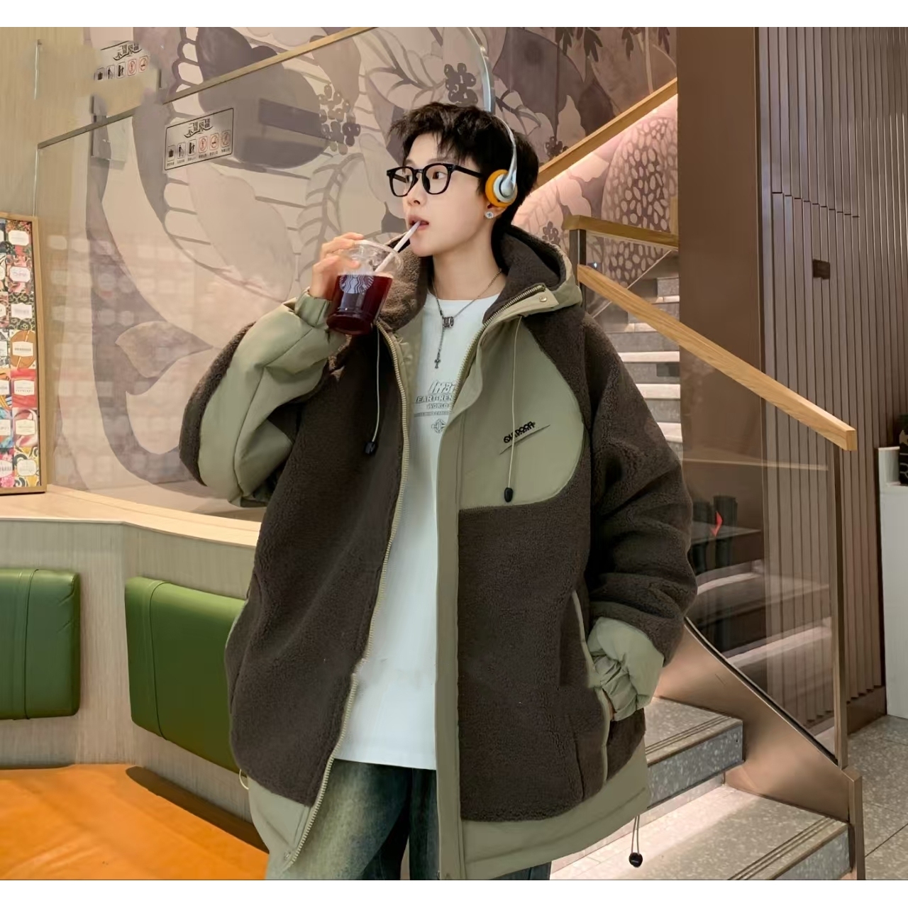 酷涵9989青少年潮牌休闲百搭情侣学生拼色毛毛衣外套