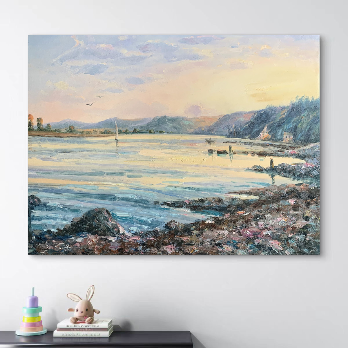 《湖岸暮色》50*60含内框，刘春建手绘油画装饰画，客厅背景墙挂画