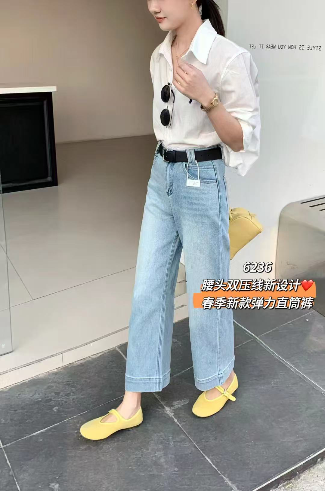 6236牛仔裤春季九分压线蓝色休闲百搭