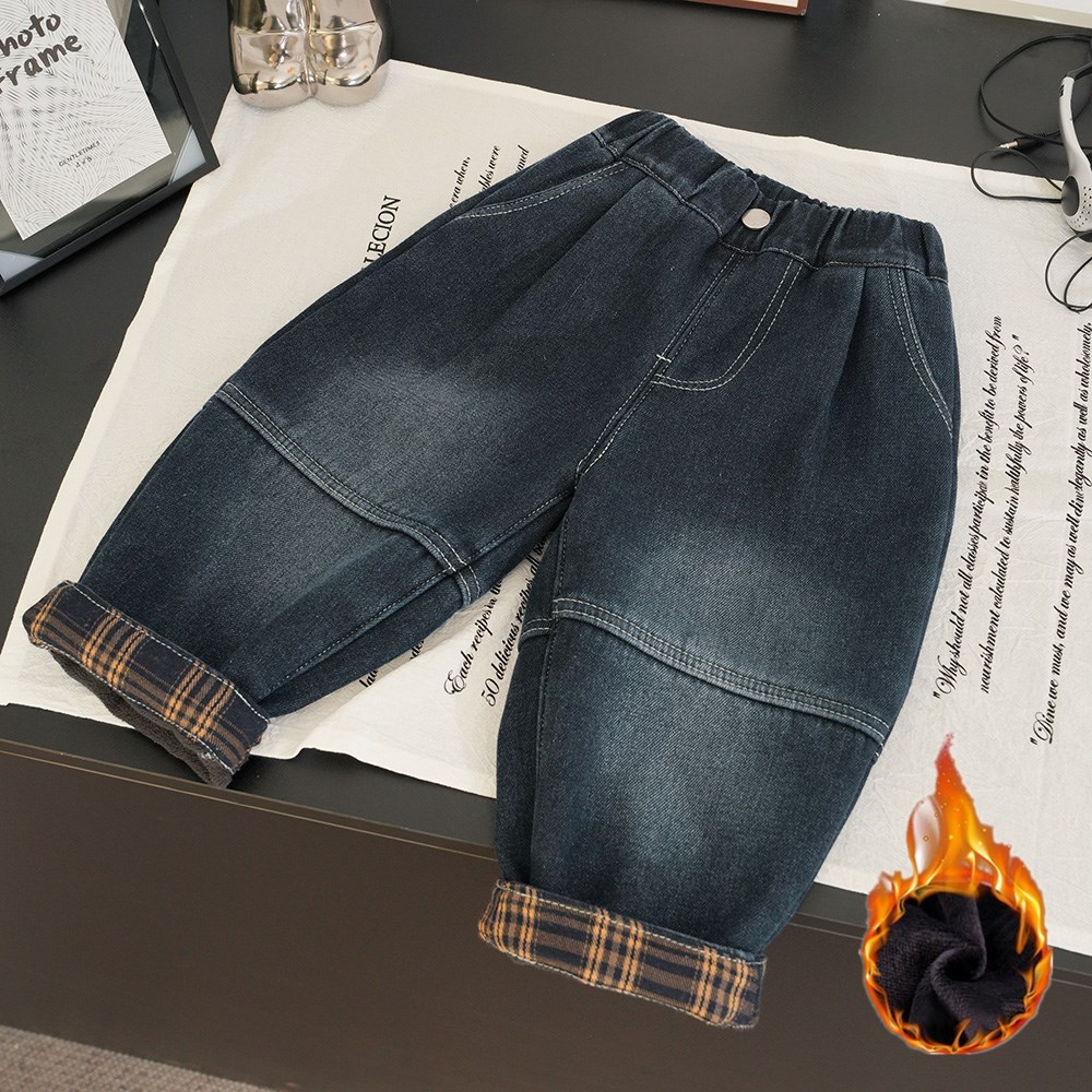 儿童加绒裤子秋冬款男童韩版一体绒牛仔裤宝宝洋气春秋裤子百搭潮