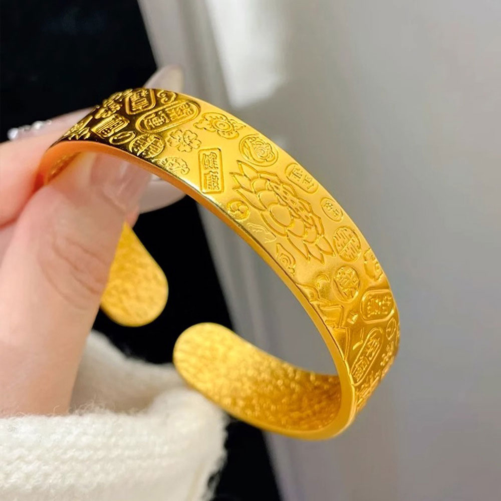 八宝莲花吉言14N开口锤纹实心开口手镯