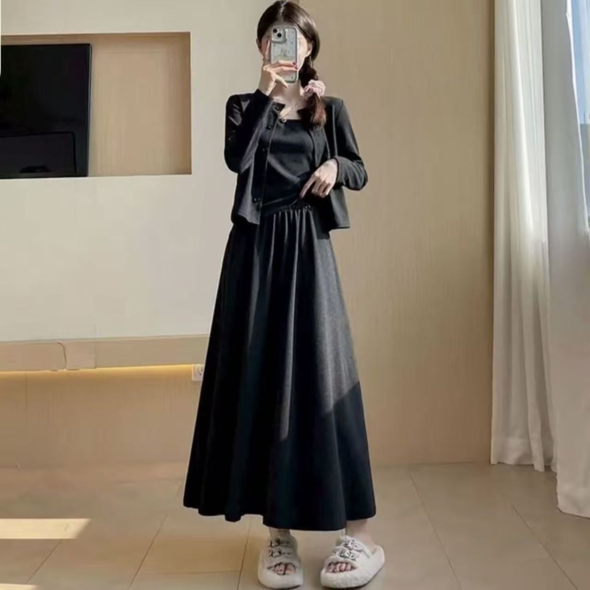 三件套裙子套装穿搭裙女高级感韩系气质针织开衫吊带半身裙子