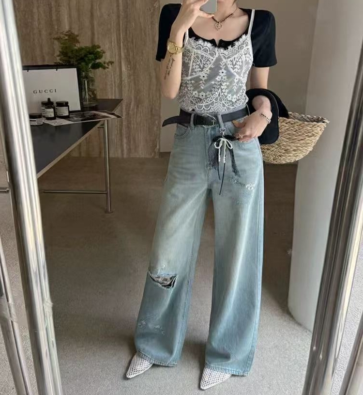 Z.X 美式复古破洞穿片牛仔阔腿裤（腰带挂饰数量有限）6120（K3）