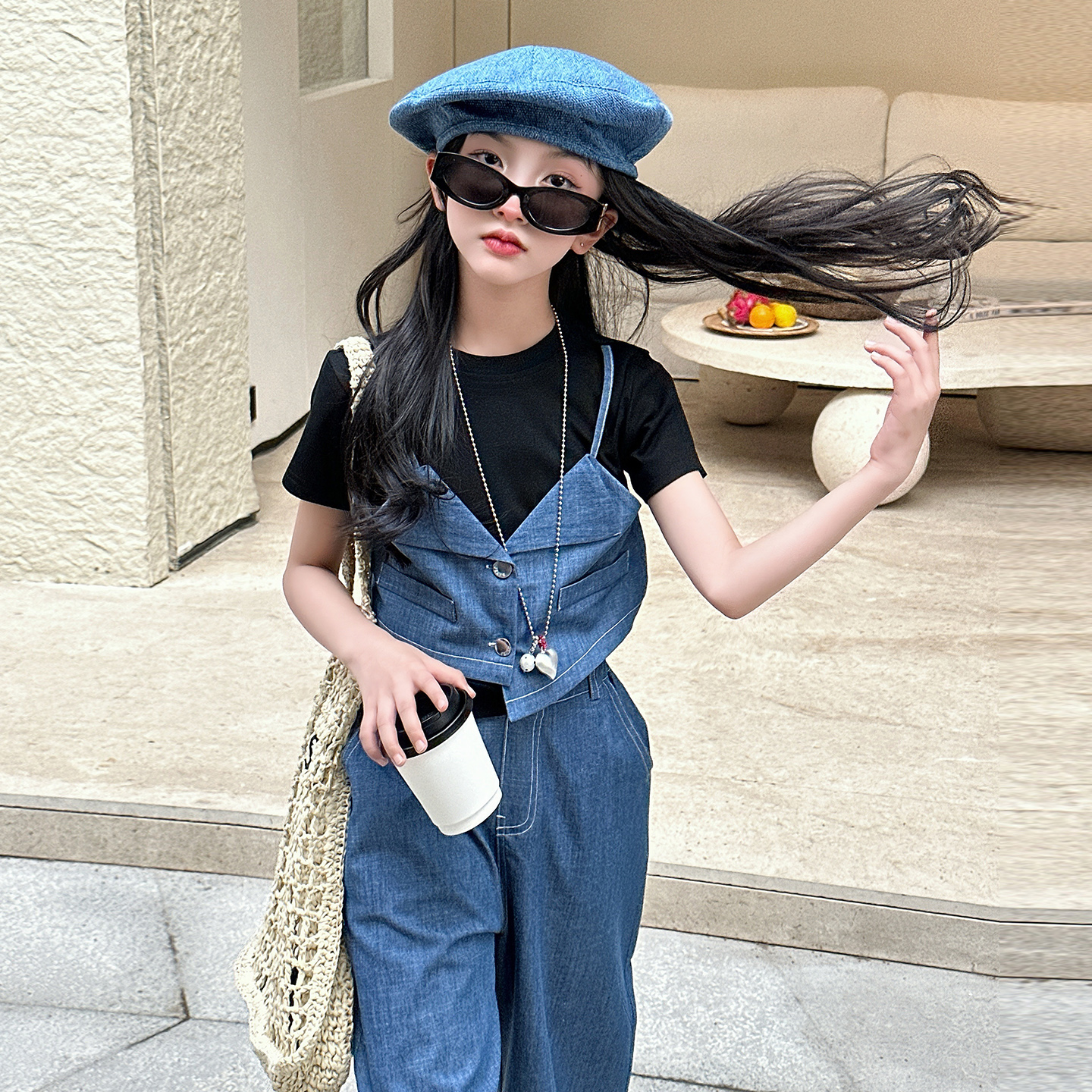 女童短袖长裤套装小清新女孩短袖2025夏季短袖休闲领女童