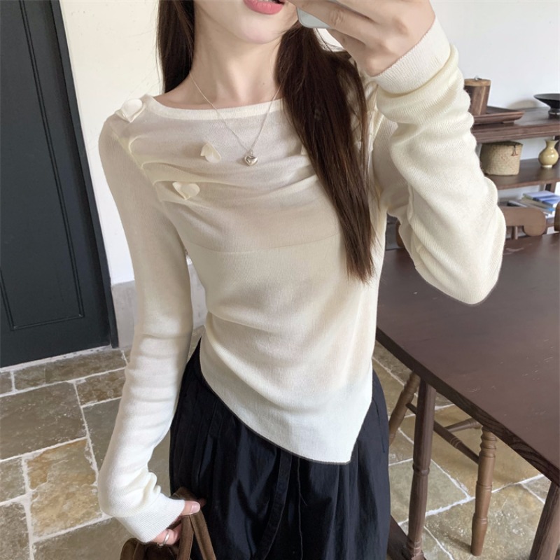 扎花女修身花朵纯色法式毛针织衫洋气秋季春秋圆领