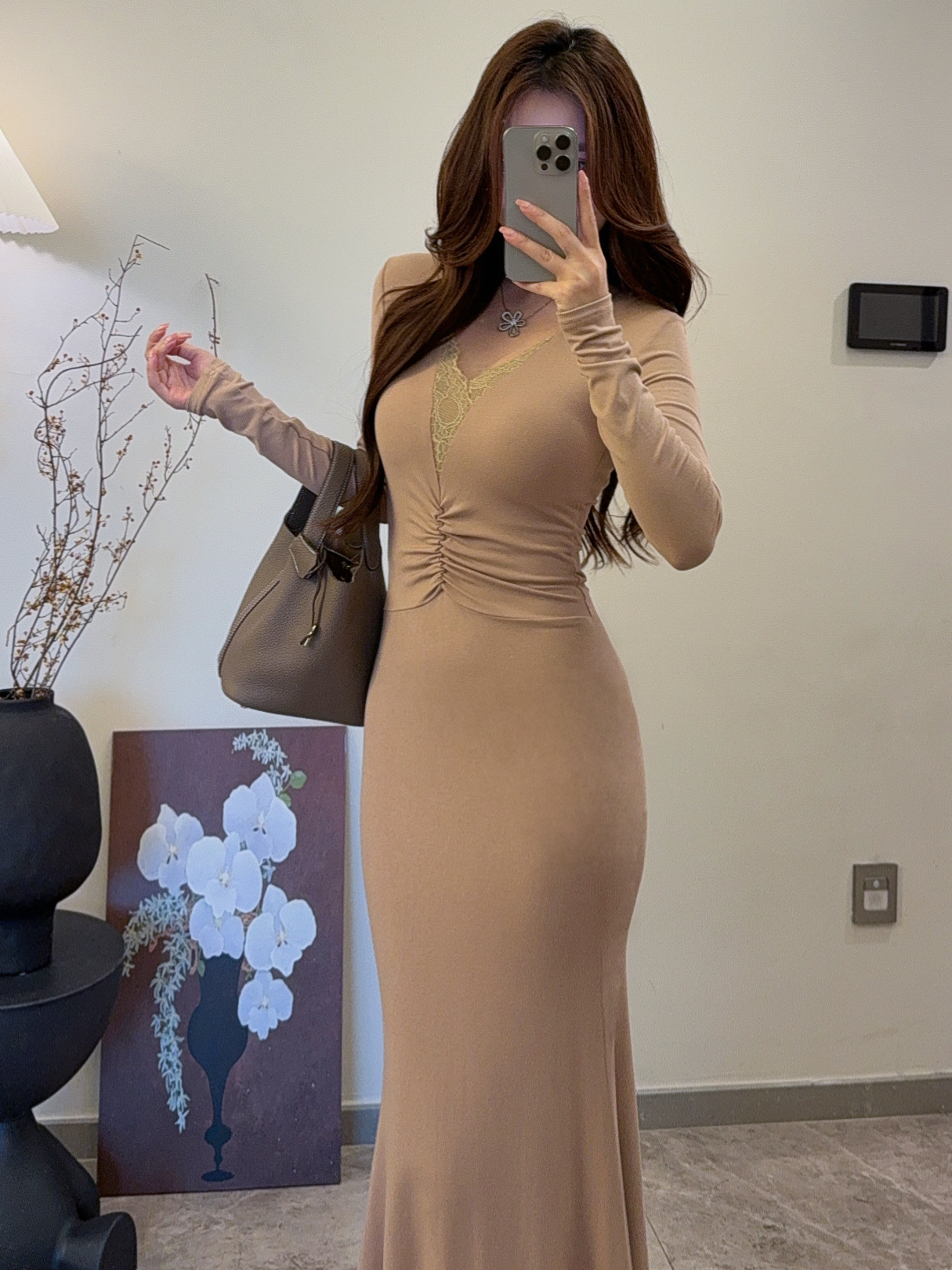 气质V领蕾丝拼接连衣裙秋冬打底内搭修身显瘦纯欲风包臀裙子8087#