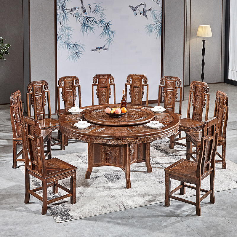 如意餐桌鸡翅木雕花圆台红木家具餐桌椅实木大圆桌家用古典桌