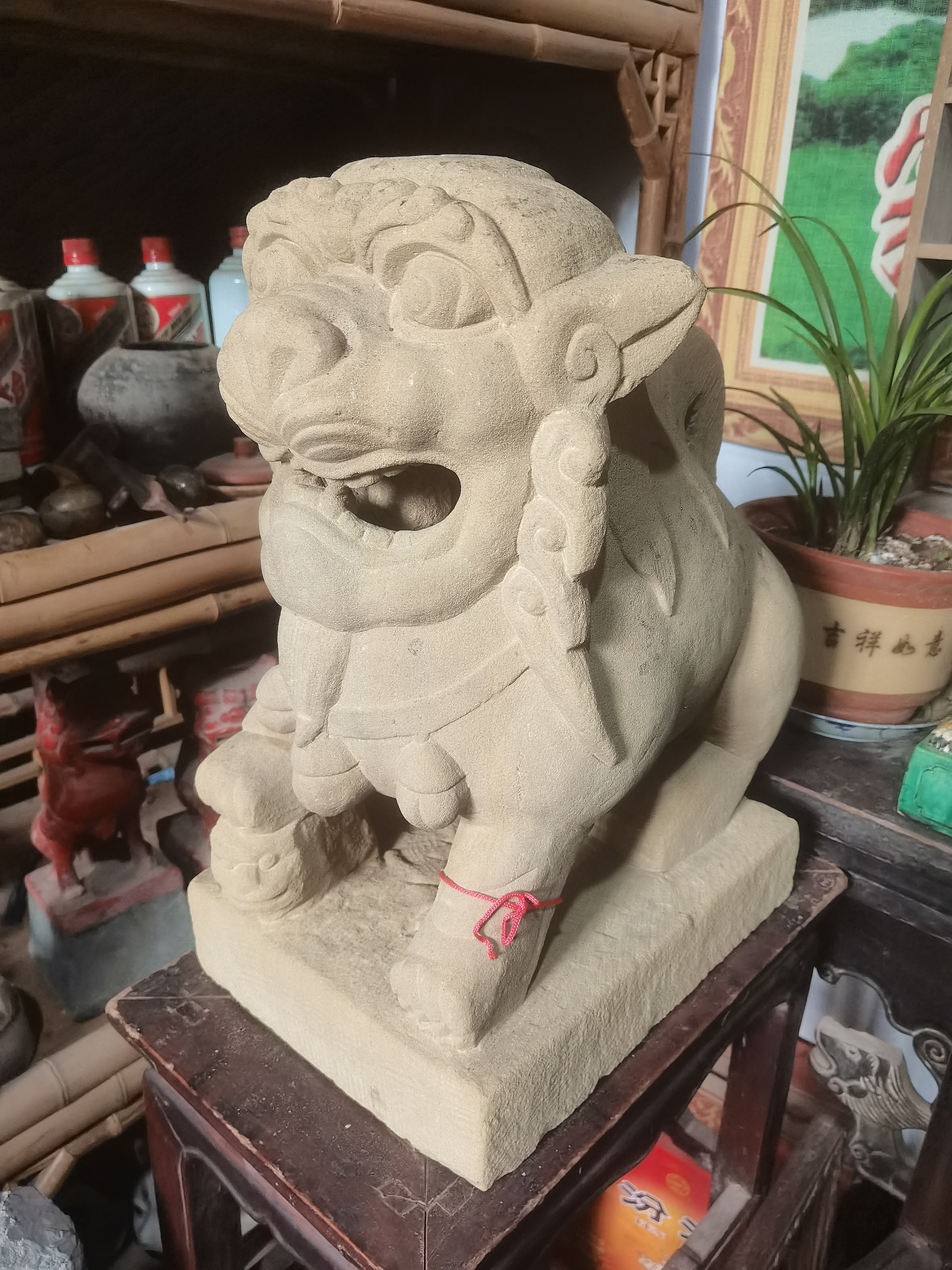 沙石狮子摆件工艺品石头底座大气桌面动物雕塑雕刻手工，完整全品