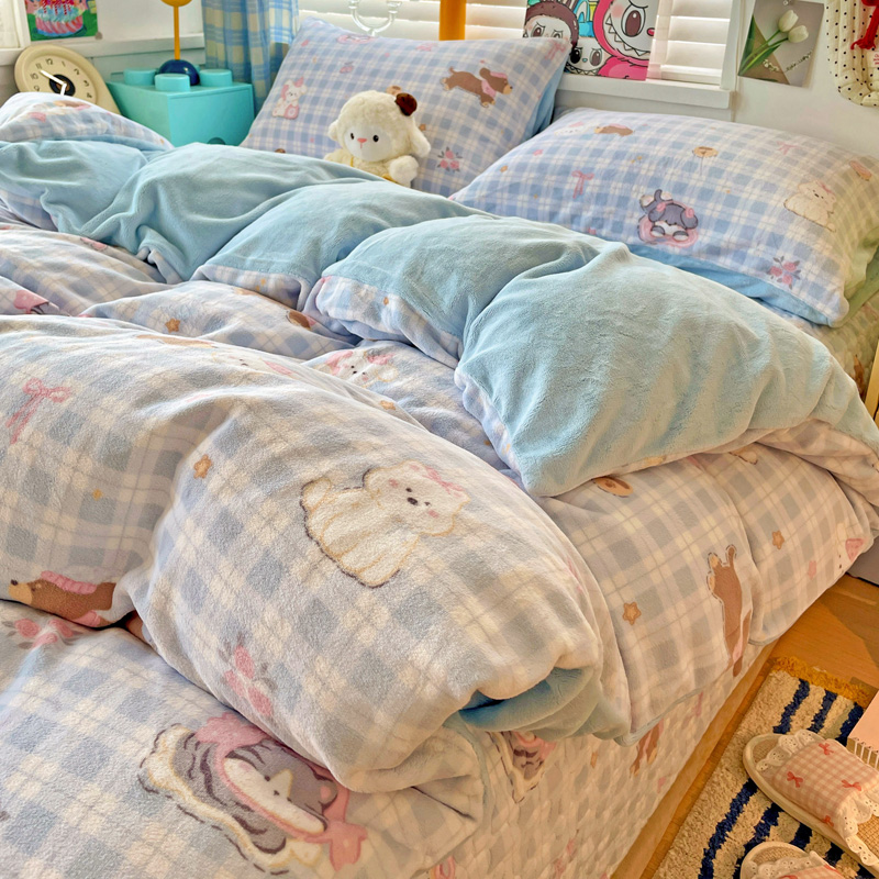 ins风卡通印花床盖款牛奶绒四件套双面加绒加厚保暖单床盖