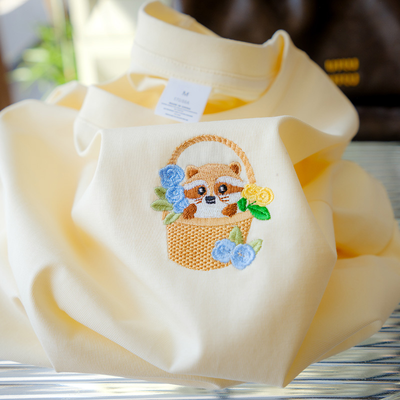 小浣熊刺绣100纯棉白色短袖t恤女2025夏季新款爆女装半袖男士体恤