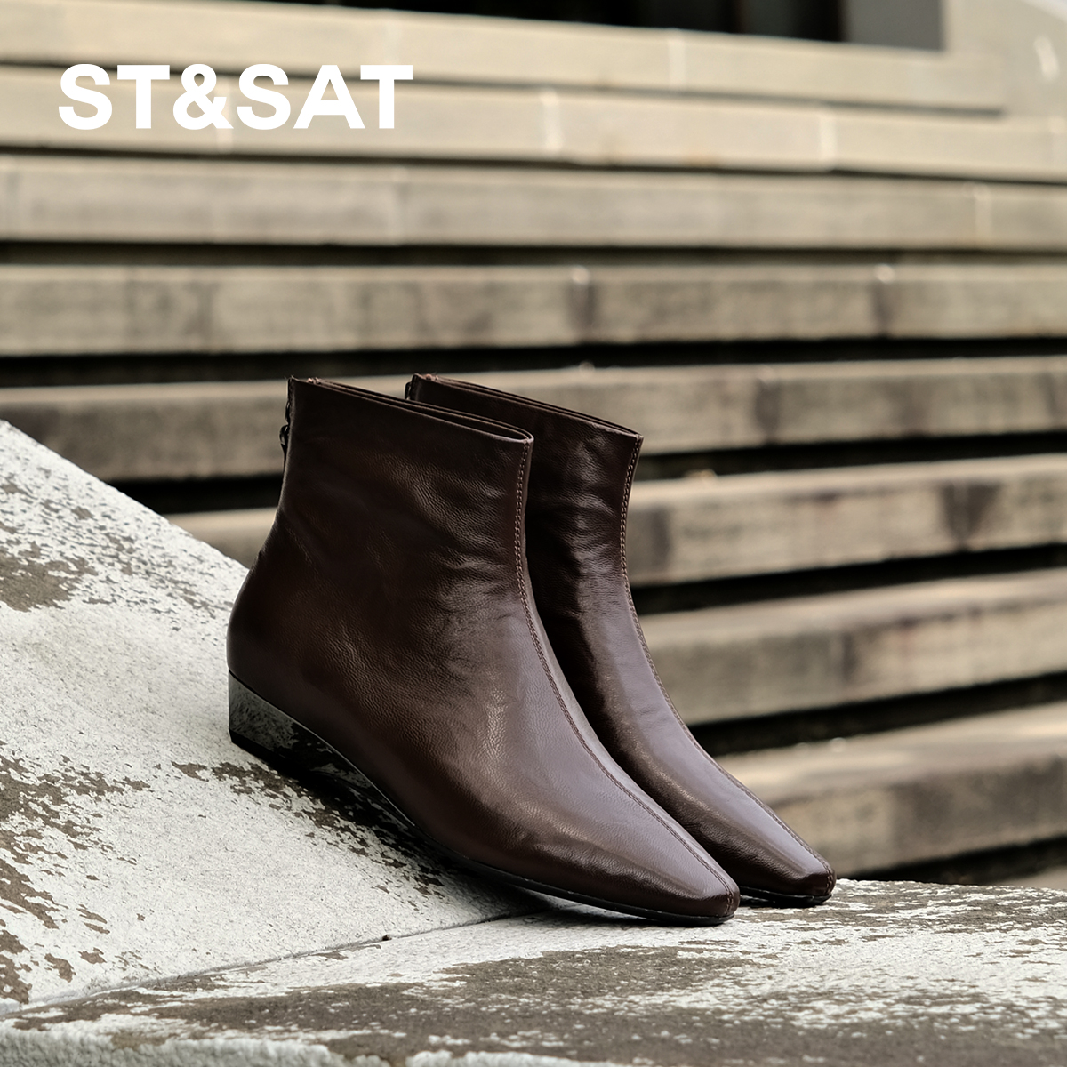 【冬季新款】星期六女鞋尖头法式低跟女靴秋季百搭流光风羊皮靴6B11