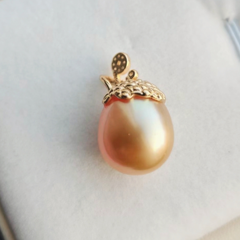 14-15mm天然海水金珍珠南洋金珠吊坠s925银镶嵌扣头近圆强光