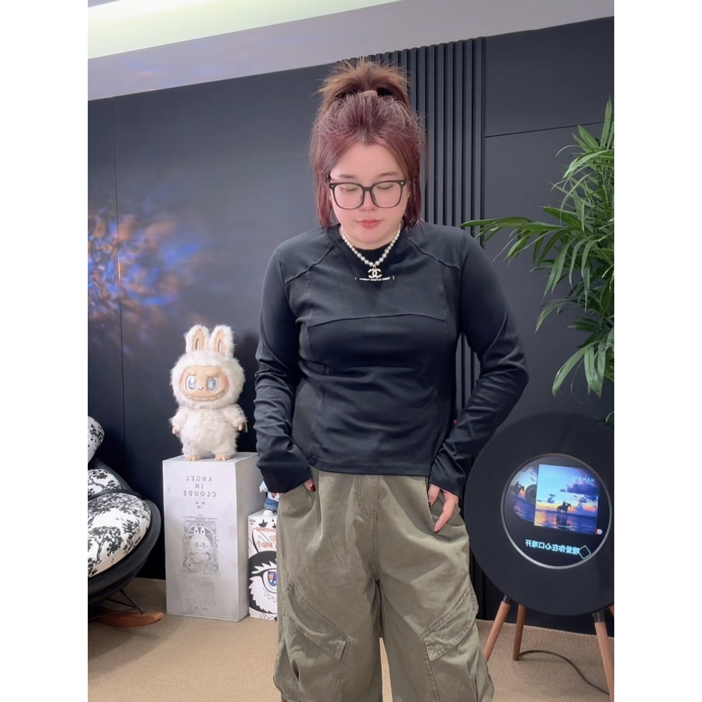 「涵涵家」韩系立体剪裁修身显瘦字母印花拼接长袖打底T恤#798