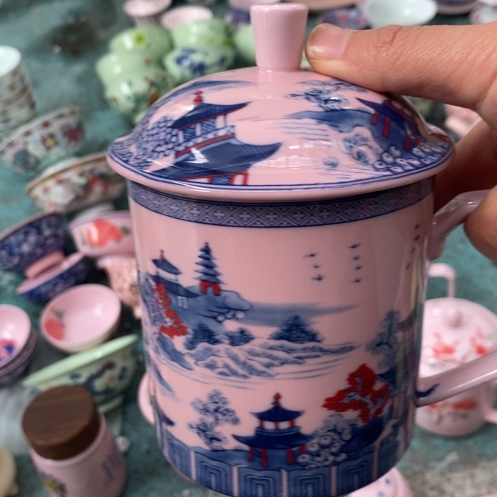 摆件陶红稀土梧桐釉里红直筒办公杯