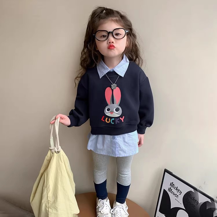 52017女童春装假两件卫衣套装2025春季新款时髦儿童打底裤三件套