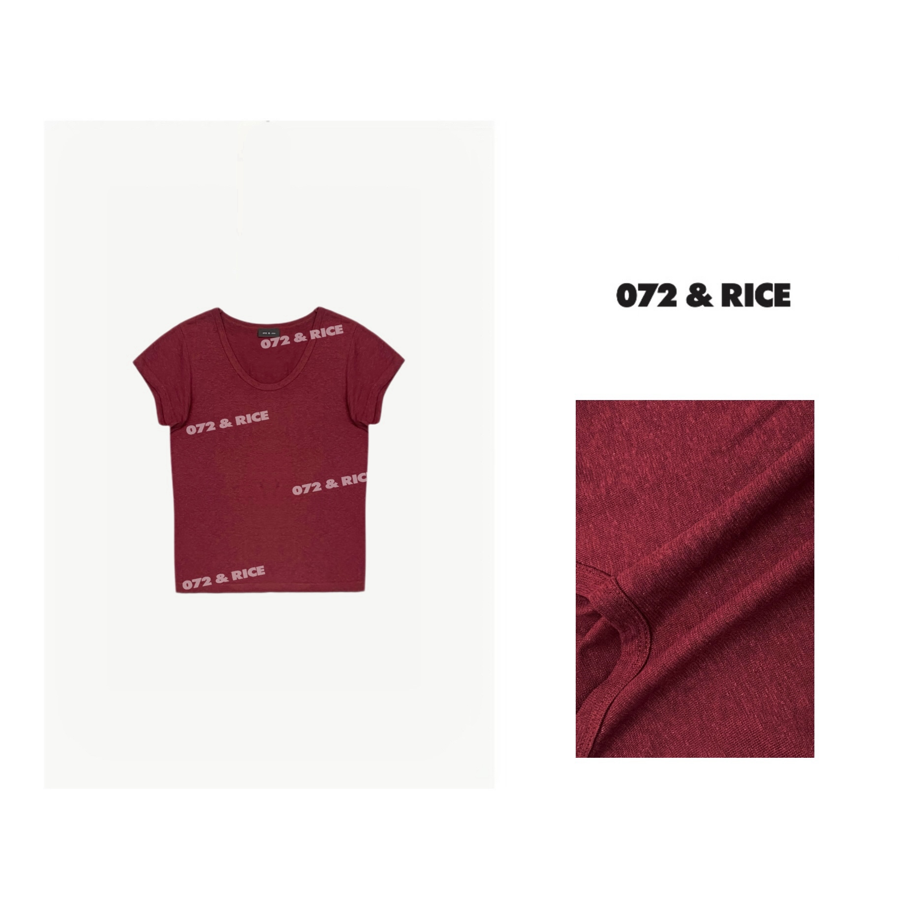 072 & RICE【波尔多红】亚麻+棉 春季休闲U领短袖T恤 24W078Z* FF11