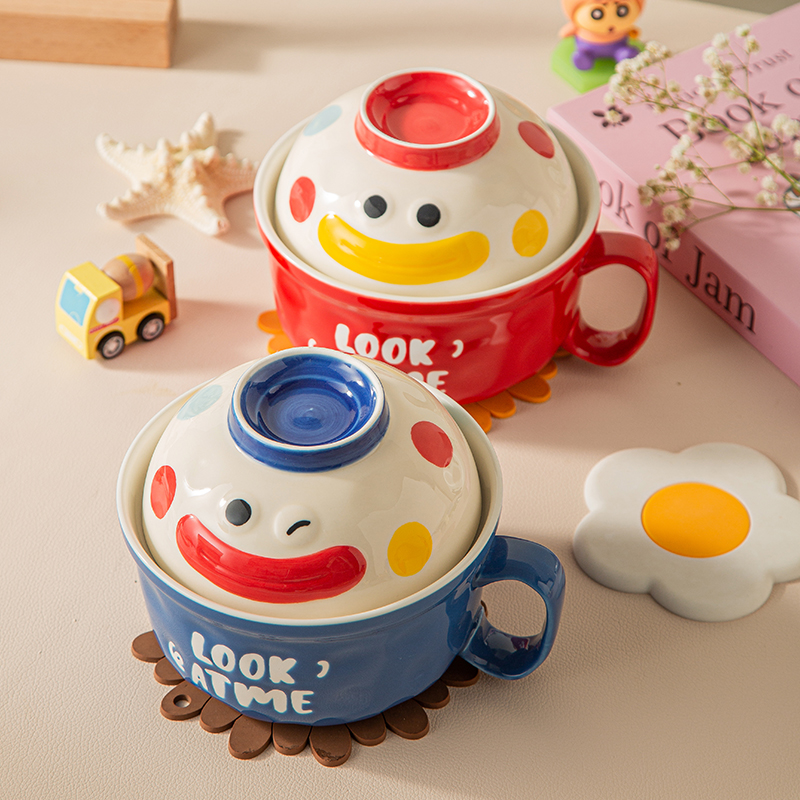 丑萌卡通可爱泡面碗家用带盖学生宿舍用陶瓷大容量方便面碗高颜值