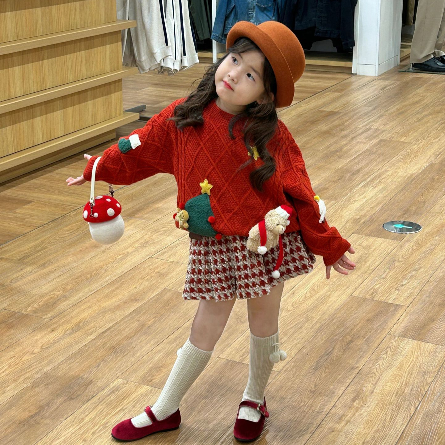 大橙子Studio女童圣诞毛衣千鸟格短裙2025冬韩版百褶裙公主裙套装