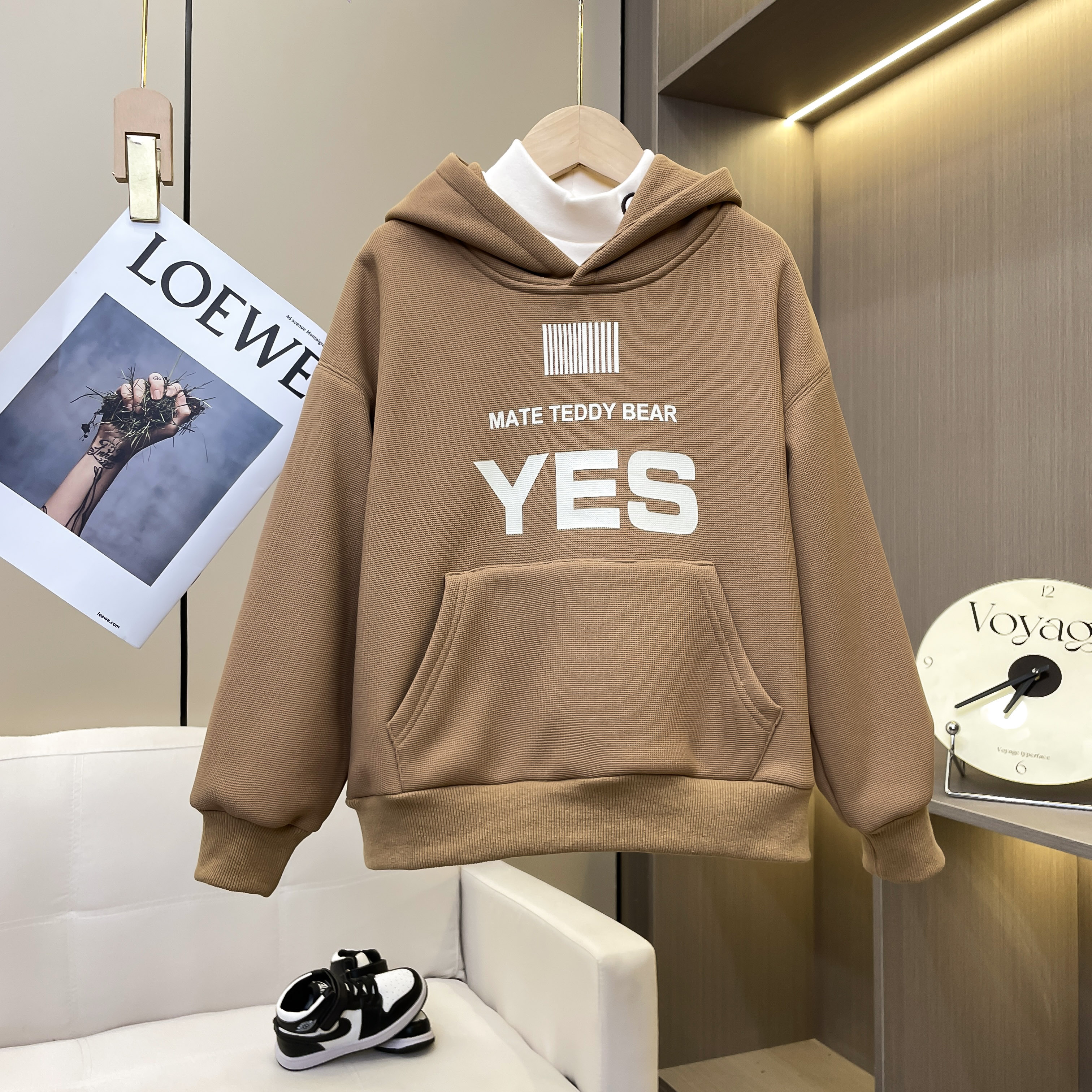 儿童加绒卫衣拼色圆领休闲中大童韩版卫衣连帽百搭保暖宽松-X264