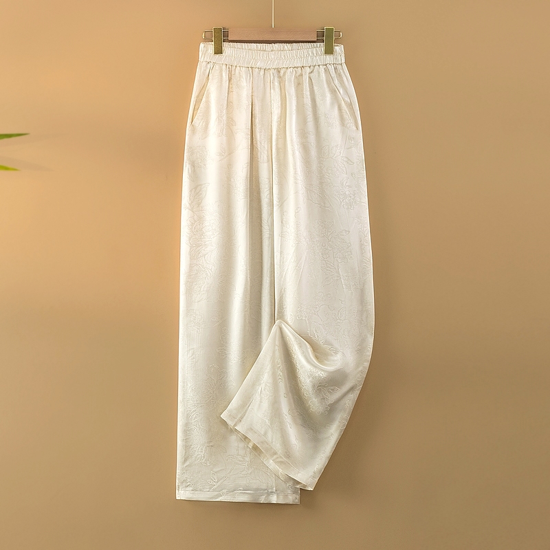 【锦辰】春夏2025新款新中式休闲裤女宽松直筒长裤国风提花人丝裤子