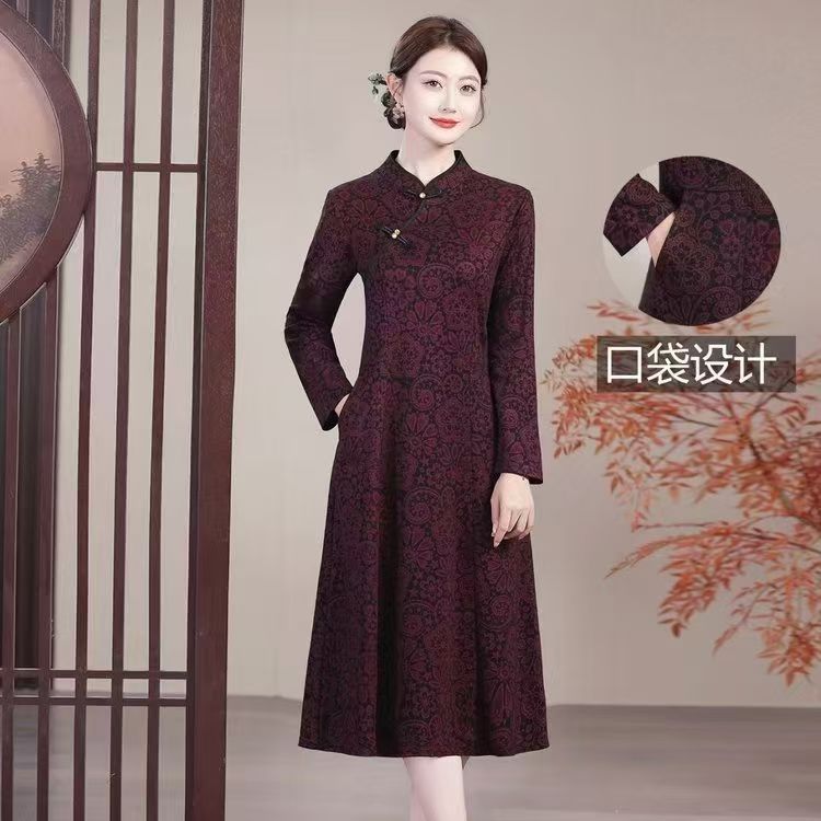 气质妈妈秋季长袖连衣裙洋气中长款高档旗袍裙中老年人女春秋裙子