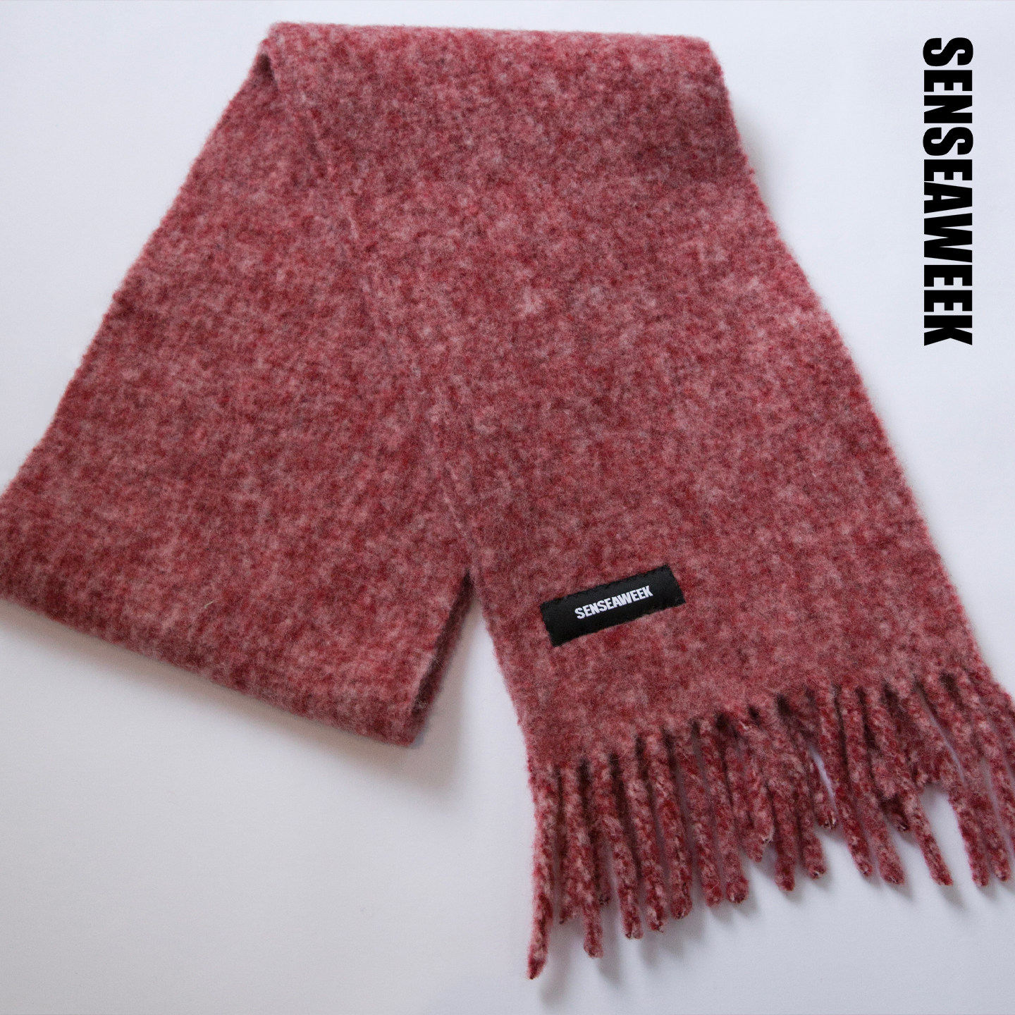 SENSEAWEEK冬季简约红色围脖新款羊毛花纱流苏围巾氛围感新年礼物