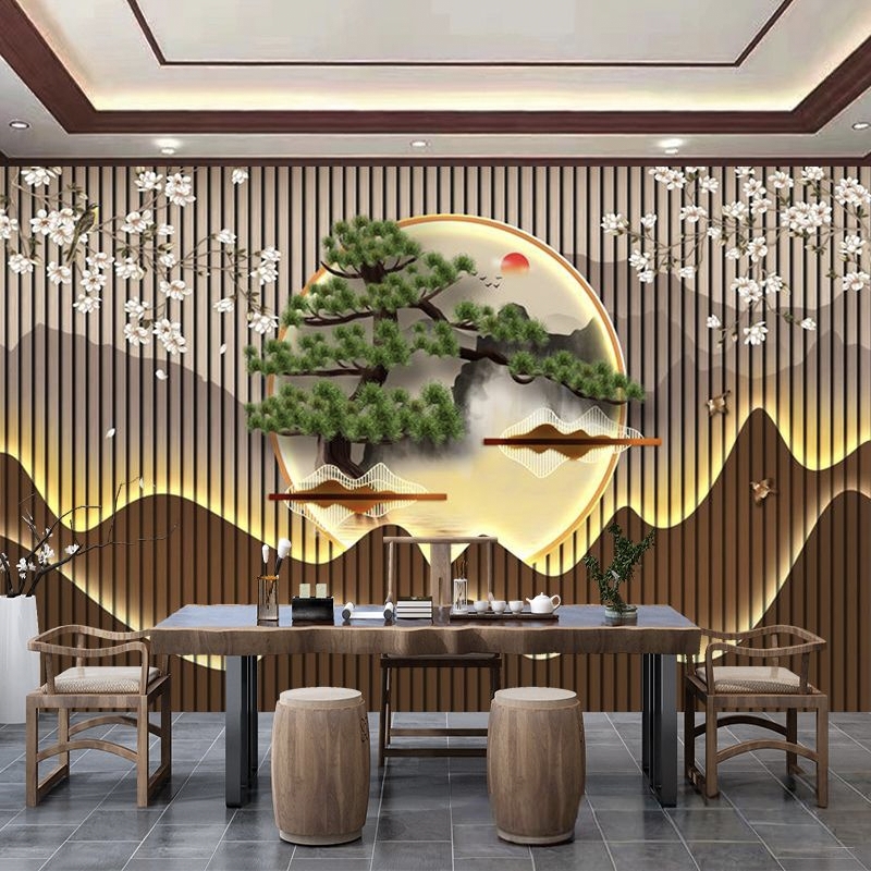 新中式办公室墙纸养生馆墙布山水客厅壁画茶室直播背景墙酒店壁纸