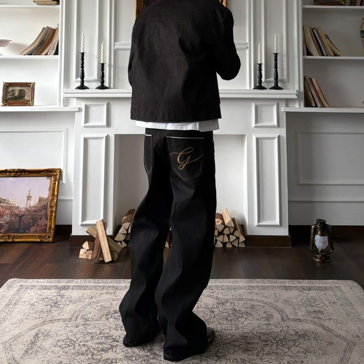 K12 25日本冈山BERTO复古直筒刺绣超高硬度原牛仔baggy长裤拖地裤