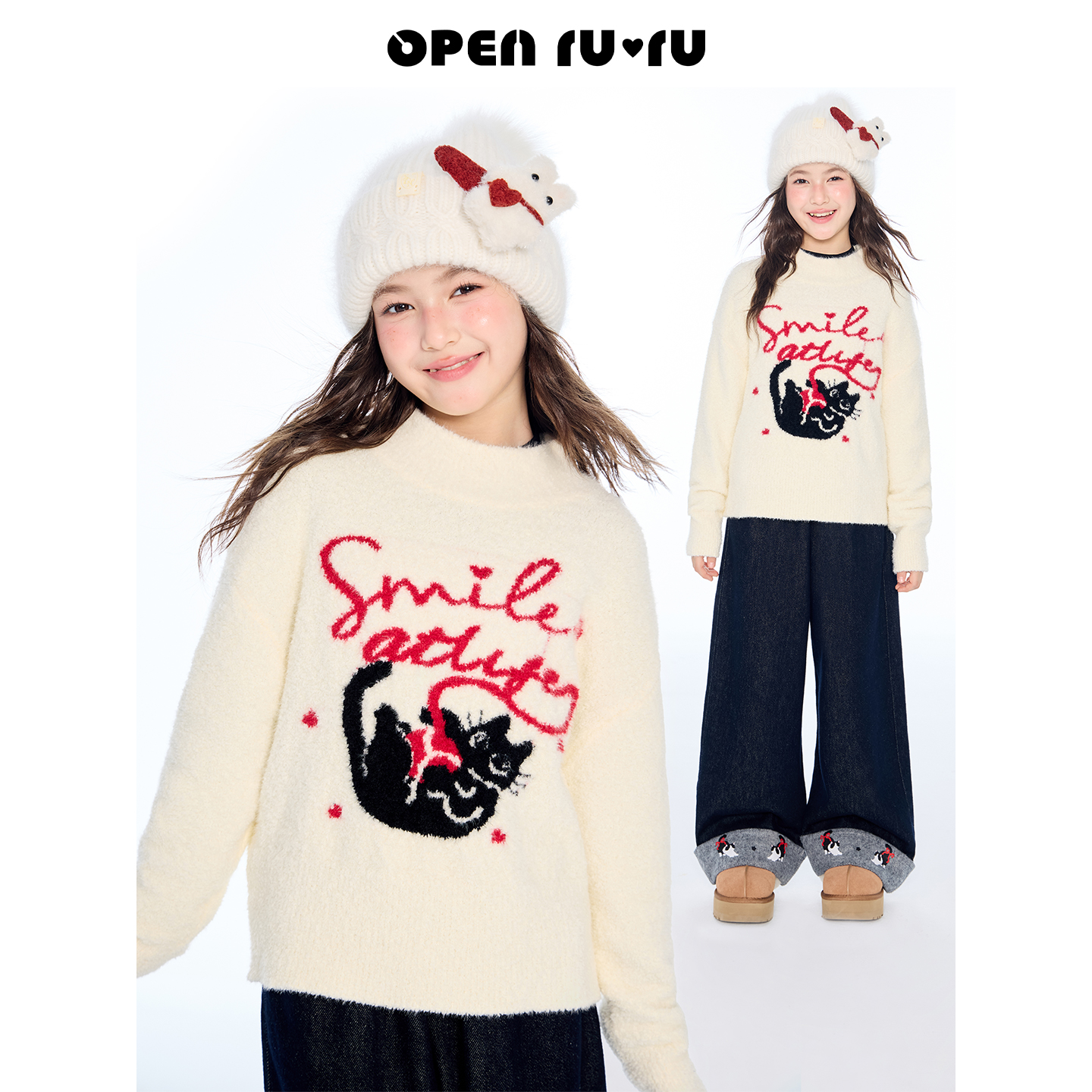 Opennunu女童新年猫咪字母提花绒感毛衣中大童亲肤保暖针织衫上衣