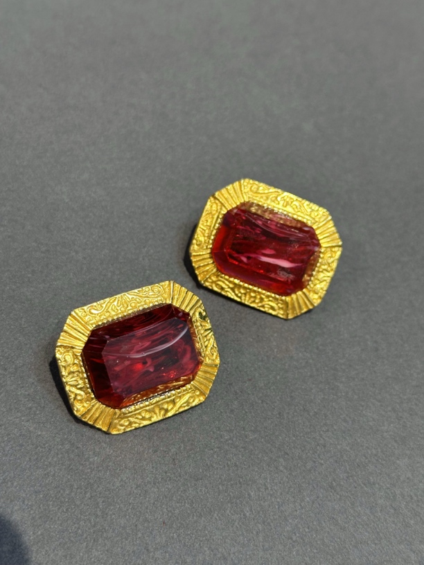 铜合金玻璃耳饰 Vintage红金色冰糖琉璃耳夹