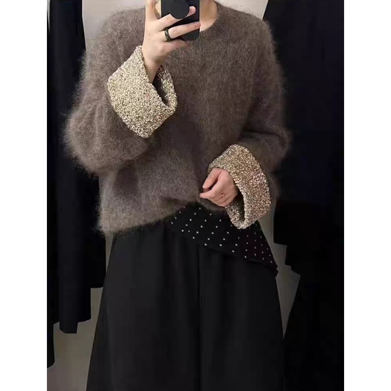 袖口装饰百搭气质纯色圆领长袖针织套头毛衣钻330