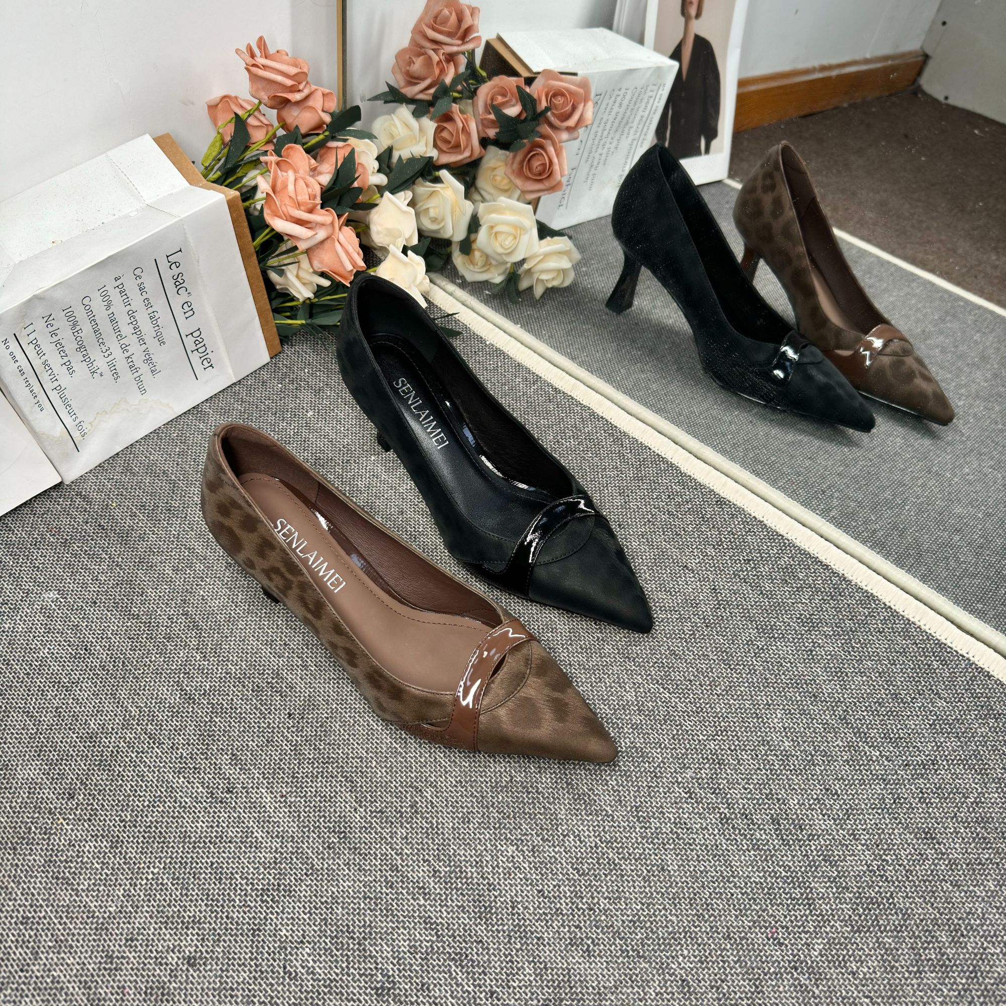 【早秋款MQE /牛皮/6CM/33-40/新款豹纹尖头高跟性感细跟女鞋